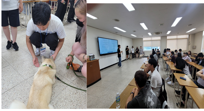 왼쪽 이미지 장애 학생들이 반려견 훈련을 하고 있는 모습 오른쪽 이미지 장애학생들을 위한 강의를 하고 있는 모습